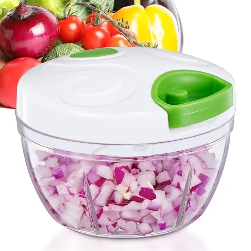 Zwiebelschneider Manuell, Zwiebel Zerkleinerer mit Seilzug, 500 ml, Handziehschnur, Knoblauchwolf, Tragbarer Mini-Zerkleinerer für Gemüse, Obst, Nüsse und Kräuter, Leicht zu Reinigen und BPA-frei