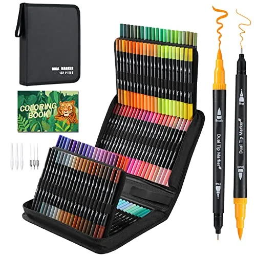 TrendGate Dual Brush Pen Set, 132 Farben Fineliner und Pinselstifte Set, Doppel Filzstifte Dicke und Dünne mit Malbücher für Handlettering, Bullet Journal, Mandalas Stifte für Erwachsene