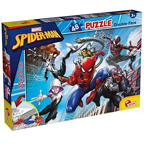 Liscianigiochi - Marvel Puzzle DF, 99627 - Doppelseitiges Puzzle M-Plus 48 Teile - Spiderman - 25x35 cm - Fördert Kreativität, Feinmotorik und Vorstellungskraft