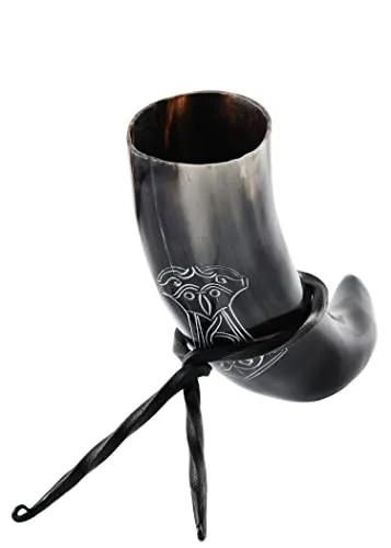 Battle-Merchant | Hochwertiges Wikinger Trinkhorn m Ständer u Thorshammer Motiv | Rinderhorn graviert Set mit Hornständer | Mittelalterliches Met-Horn bis zu 300ml