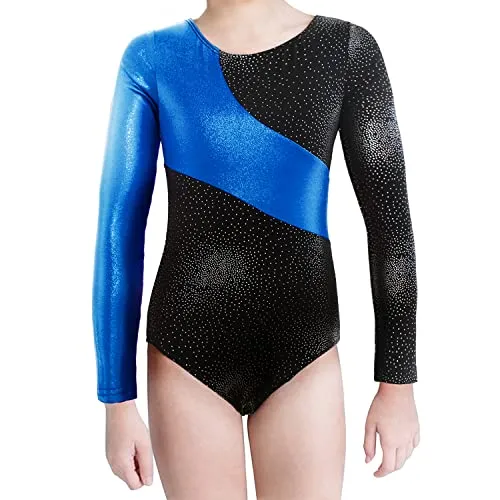 XiaoMoSha Gymnastikanzug Kinder Mädchen Langarm, Mädchen Ballettkleidung Gymnastik Training Dancewear, für Den Verein Kinder Tanzen, Blau, für 13-14 Jahre