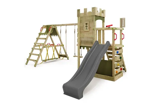 FATMOOSE Spielturm Ritterburg BoldBaron Boost XXL - Schaukeln im Garten: Der BoldBaron Boost XXL bietet eine Rutsche mit Wasseranschluss, eine Kinderschaukel und einen Sandkasten. Ideal für unbeschwertes Spielen und unvergessliche Familienmomente.