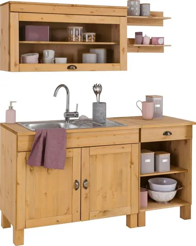Home affaire Pantryküche Oslo, 150 cm, ohne E-Geräte - Küchenzeile aus massivem Holz mit variabler Arbeitsplatte, inklusive Edelstahl-Einbauspüle und Glashängeschrank – ideal für individuelle Küchengestaltung.