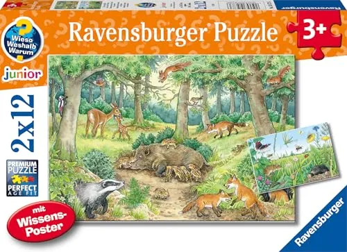 Ravensburger Kinderpuzzle - 05673 Tiere im Wald und auf der Wiese - 2x12 Teile + Wissensposter, Wieso? Weshalb? Warum? Puzzle für Kinder ab 3 Jahren