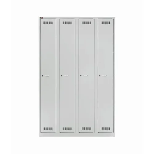 Bisley-Light Spind GL12Q1-245, lichtgrau, 4 Abteile - Kleiderspinde mit optimaler Belüftung durch Schlitze, ausgestattet mit Hutboden, Kleiderstange und Handtuchhalter – ideal für Schulen und Fitnessstudios.