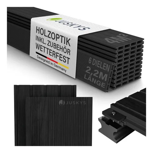 Juskys WPC Terrassendielen 2 m² - Wetterfeste Dielen in Anthrazit - Erlebe die perfekte Kombination aus Stil und Langlebigkeit! Die 2 m² WPC-Terrassendielen bieten eine ansprechende Holzoptik und sind ideal für die Gestaltung deiner Terrasse. Inklusive Unterkonstruktion für einfachen Aufbau.