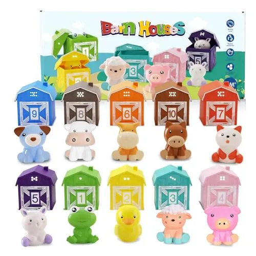 Montessori Baby Spielzeug 18 Monate-3 Jahre, 10PCS Bauernhof Spielzeug Lernspielzeug, mit Fingerpuppen für Kleinkinder, Zählen Passend Farbe Sortier, Stapelspielzeug Motorikspielzeug, für Kinder