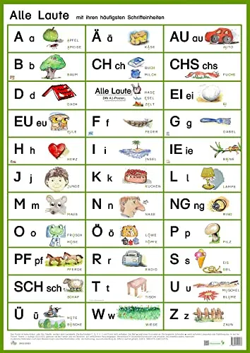 Alle Laute mit ihren häufigsten Schrifteinheiten Poster - Fachbuch Linguistik, großes DIN A1 Poster zur Unterstützung des Leselernens, komplett aus ökologischen Materialien hergestellt.