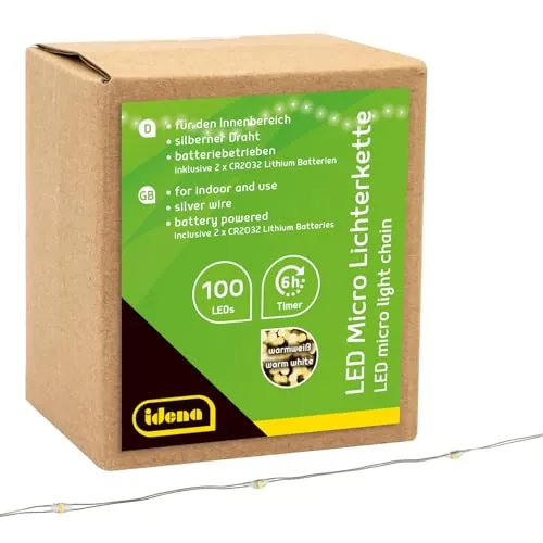 Idena 30185 - LED Micro Lichterkette mit 100 LEDs in Warmweiß, 6 Stunden Timer Funktion, batteriebetrieben, 10,2 m lang, Deko für Innen, zum Basteln, als Party Deko, Weihnachtsdeko, zur Hochzeit