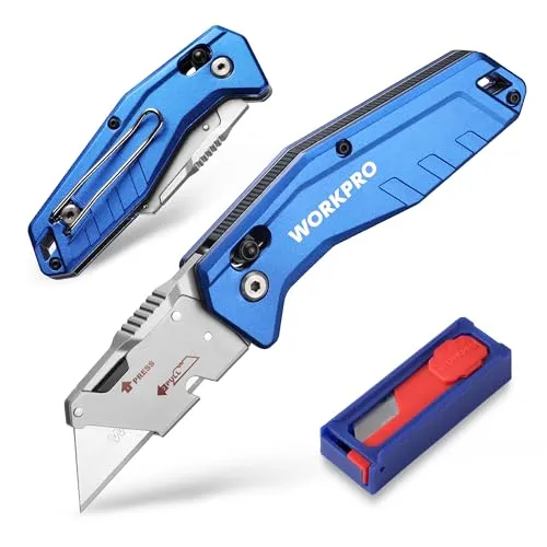 WORKPRO Klappmesser aus Aluminium, Klappbares Cuttermesser Universalmesser mit Slip Lock, Schnellwechselklinge, Schweres Teppichmesser mit 10 zusätzlichen Klingen