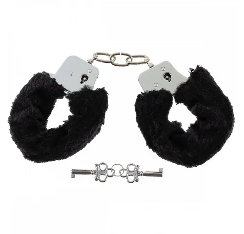 MFH Polizei-Kostüm Handschellen, mit 2 Schlüssel, chrom, Fellüberzug in schwarz