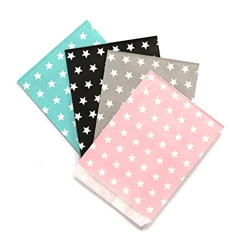 Frau WunderVoll® 100 PAPIERTÜTEN IM Set 24, 4x25 Stück: türkis Sterne, schwarz Sterne, Taupe Sterne, rosa Sterne 13x16,5cm, 45Gramm Papier, flach/Hochzeit, Papiertütchen, Mitgebseltüten