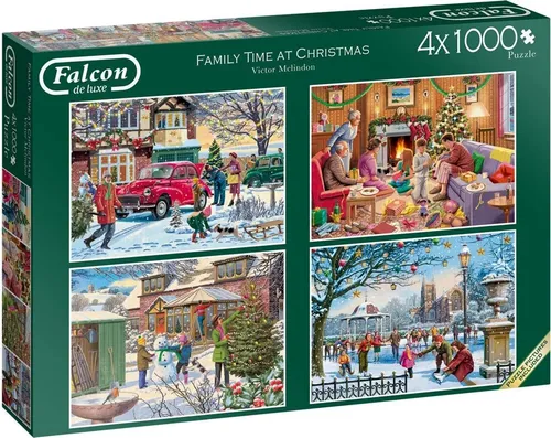 Falcon 11269 Victor Mclindon Family Time at Christmas Puzzle - Puzzle für die ganze Familie, 4x1000 Teile mit einzigartigem Nahtlos-Effekt und umweltfreundlichem Material, ideal für entspannte Weihnachtsabende.