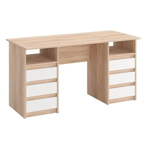 KOMTO Oslo Schreibtisch mit Schubladen - 140 x 60 cm - Moderner Bürotisch aus Sonoma Eiche und Weiß, ideal für Home Office oder Jugendzimmer. Mit 6 Schubladen bietet er viel Stauraum und eine große Arbeitsfläche für effizientes Arbeiten.