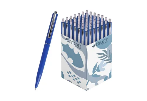 WESTCOTT Druckkugelschreiber Kugelschreiber ALLTIME Blau 50 Stück, Strichstärke M, X20 Mine, (Vorteilspack, 50-tlg), Dokumentenecht nach ISO 12757-2, Stabiler Metallclip