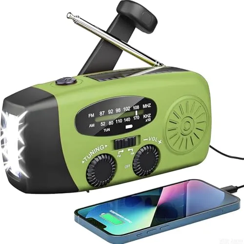 Notfall-Solarradio,Solarbaby Selbstbetriebenes Kurbelradio mit LED-Taschenlampe, SOS-Alarm,AM/FM Wetter Wind Up Radio mit 2000mAh Akku für Notladung von Smartphone-Green