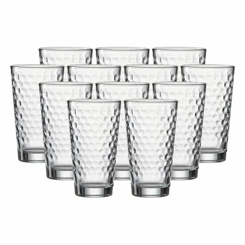 Ritzenhoff & Breker Favo Longdrinkgläser 12er Set - Longdrinkgläser mit 400 ml Volumen, ideal für Cocktails und Säfte. Die moderne Wabenstruktur sorgt für einen stilvollen Look und angenehmes Trinkerlebnis. Spülmaschinengeeignet und aus robustem Glas für lange Haltbarkeit.