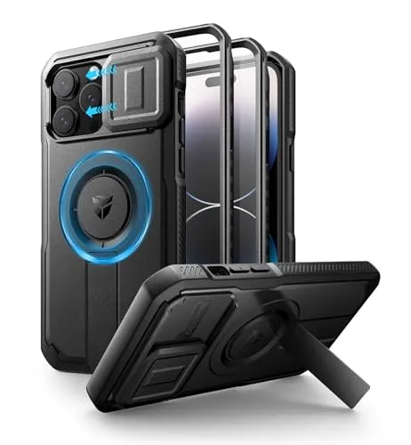Dexnor Kompatibel mit iPhone 14 Pro Max Hülle mit Kameraabdeckung Schieben & Einstellbarer Kickstand & Integrierter Displayschutz, Robuste stoßfeste Bumper Heavy Duty Mangetic Schutzhülle - Schwarz