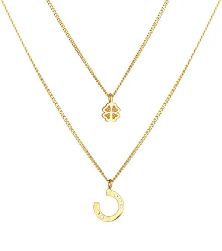 Damen Halskette Layer Silber mit Kleeblatt und Hufeisen - Modische zweireihige Kette aus 925 Sterling Silber, ideal als Glücksbringer und perfektes Geschenk für besondere Anlässe.
