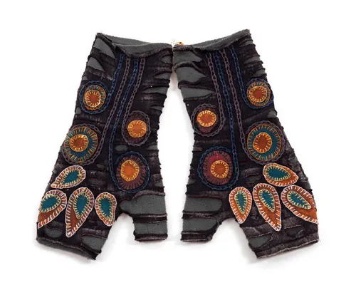 Vishes Armstulpen Bestickte Damen Handschuhe Stulpen mit Daumen Fleece Gefüttert Alternative Bekleidung, Hippie, Goa Style