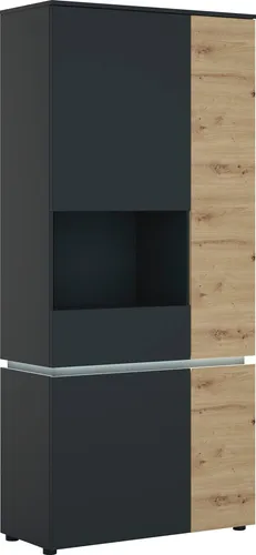 Vitrine Luci - 4-türige Glasvitrine 90x40x199cm in Artisan Eiche Grau - Moderne Vitrine mit 12 Regalfächern und Beleuchtung, ideal für das Wohnzimmer. Perfekt zur ansprechenden Präsentation Ihrer Lieblingsstücke.