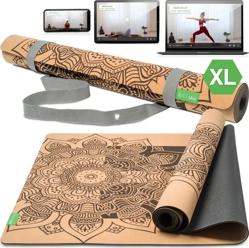 BACKLAXX ® Yogamatte Kork XXL - Nachhaltige Fitnessmatte mit Anti-Rutsch-Zonen - Sportmatten mit 50% mehr Fläche, optimaler Grip dank Anti-Rutsch-Zonen und gepolsterter Unterseite aus Naturkautschuk für höchsten Komfort.