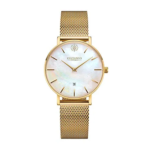 Kistanio Petit Damenuhr mit Milanaiseband Datum Edelstahl Goldfarben Perlmutt Saphirglas GO-PM-M