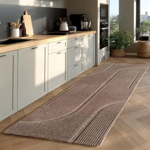 Jimri - Moderner kurzflor Teppich waschbar pflegeleicht ideal fürs Wohnzimmer, Schlafzimmer, Gästezimmer und Kinderzimmer Boho Skandi Design mit 3D Optik Hoch-Tief Effekt - 80x250 cm - Beige
