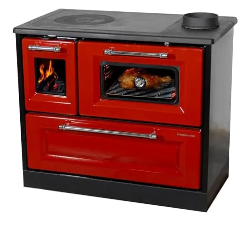 Hosseven Kaminofen 4012 Rot mit Backfach und Herdplatte - Kaminofen für autarkes Heizen und Kochen, ideal für kleine Küchen und Ferienhäuser. Ausgestattet mit Gusskochplatte und integriertem Backofen für köstliche Holzofen-Gerichte.