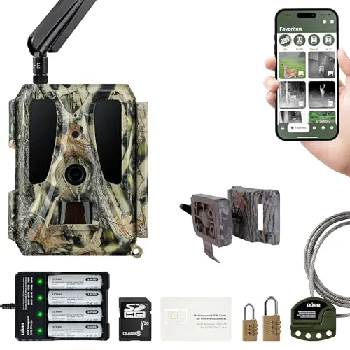 DÖRR Cloud Pro 4G Wildkamera, Überwachungskamera, 100°, Wiederaufladbar 18650, Starter-Set, iOS & Android & Web App, 4G Bildübertragung, 24MP Bilder, Full HD1080P Videos, Echtzeitmodus, Infrarot Blitz