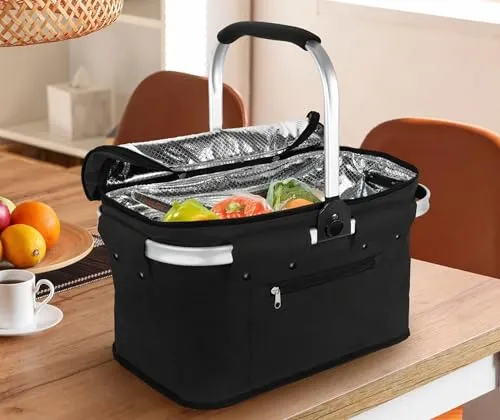 Alu Einkaufskorb Thermo Korb Klapp Kühltasche faltbar Picknick Camping Blau Grau Schwarz (Schwarz)