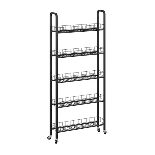 Vicco Rollregal Rolivo, Schwarz, 58 x 15 cm - Praktisches Rollregal mit 5 Fächern für vielseitigen Stauraum. Ideal für schmale Nischen, bringt modernes Design und Eleganz in dein Zuhause. Perfekt für Bücher, Pflanzen oder Küchenutensilien.