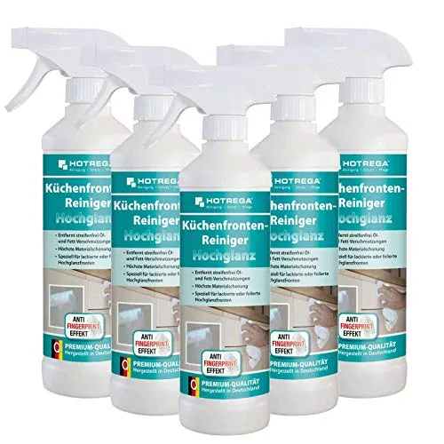 HOTREGA Küchenfronten-Reiniger Hochglanz 500ml - Küchenreiniger für Hochglanzflächen mit Anti-Fingerabdruck-Effekt, sorgt für materialschonende Pflege und reduziert Neuverschmutzungen.