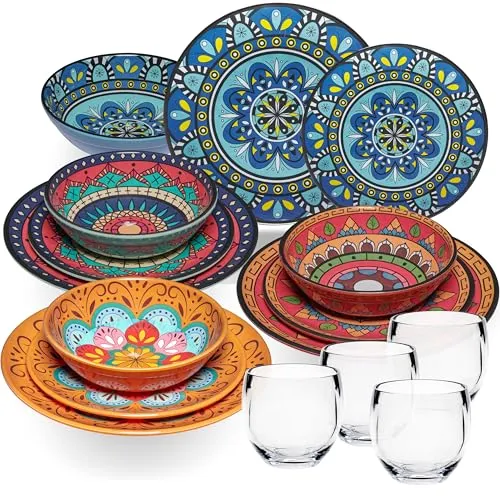 Melamin Geschirr Set Toskana Pastel für 4 Personen - 16 Teile BUNT - Mandala-Optik mit klaren Trinkgläsern 400 ml aus Acryl Spülmaschinengeeignet Essgeschirr Zubehör Campinggeschirr Wohnwagen Camping