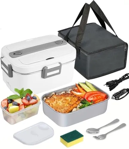 SOBEAU Elektrische Lunchbox, 3-in-1 12/24/220V Thermo Lunch box, 1.8 L Großbehälter Lunchbox Erwachsene, Heatsbox mit Besteck und Isolierter Lunchbeutel für Auto, Haushalt, Office, Weiß
