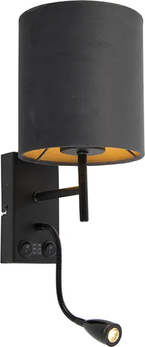 Art Deco Wandleuchte Stacca Schwarz mit Samtschirm - Elegante Wandleuchte im Art Deco-Stil mit flexiblem Lesearm. Ideal für gemütliches Licht im Schlafzimmer oder Wohnzimmer. Inklusive LED-Modul für warmes Licht.