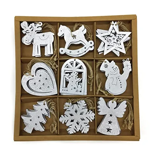 DARO DEKO Holz Dekohänger 6 x 7cm Mix 54 Stück Anhänger Weihnachtsbaum Christbaumschmuck Silber