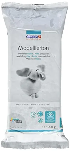 Glorex 6 1780 712 - Modellierton, 1 kg in weiß, gebrauchsfertige lufthärtende Modelliermasse, natürlich, weich und geschmeidig, nach der Trocknung bemalbar