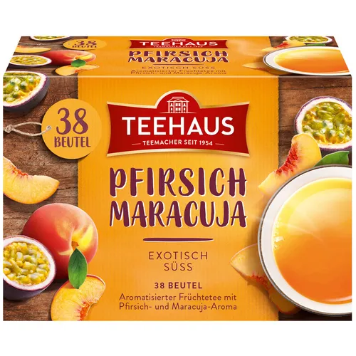 Teehaus Pfirsich Maracuja Früchtetee 38 Beutel - Exotischer Früchtetee mit dem Geschmack von Pfirsich und Passionsfrucht, ideal für erfrischende Genussmomente. Perfekt für Teeliebhaber, die fruchtige Süße schätzen.