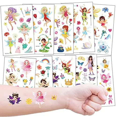 Fee Temporäre Tattoos für Mädchen, 10 Blätter Blumenfee Prinzessin Wasserdichte Tattoos für Kinder Geburtstag Party Mitgebsel Dekor Geschenk