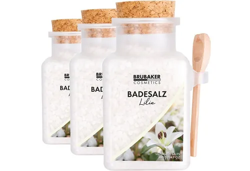 BRUBAKER Badesalz Lilien Duft - Badezusatz mit natürlichen Extrakten, 3-tlg., Wellness Baden für Entspannung, Erholung und Körperpflege