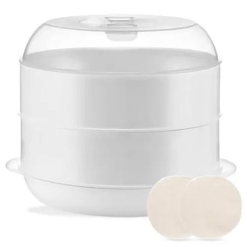 Dampfgarer Mikrowelle mit 2 Garbehältern: PRITOK 21.5 x 21.5 x 16 cm Dampfgarer für die Mikrowelle mit Siebeinsatz, Steam Cooker Schnell Kochend, 4L, Weiß