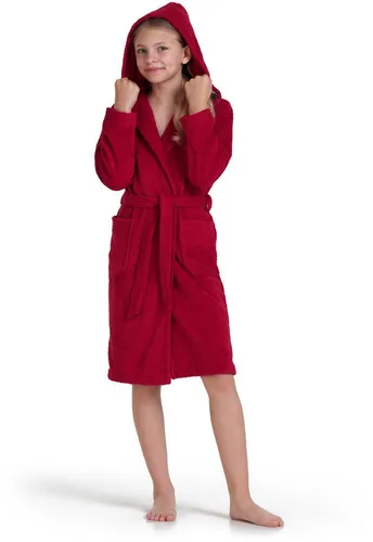 Möve Kinderbademantel Superwuschel, Langform, Kapuze, Gürtel rot 128 - Bademantel für Kinder aus 100% Baumwolle, mit kuscheliger Langform und praktischer Kapuze, ideal für nach dem Baden oder Schwimmen.