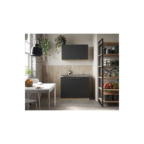 Respekta Pantryüche- Set 6 - Schwarz mit Edelstahlkochmulde - Küchenmöbel-Set 6 mit Spülenunterschrank und Oberschränken, inklusive eleganter Edelstahlkochmulde für optimale Funktionalität und modernes Design.