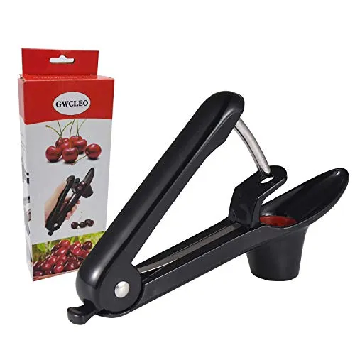 GWCLEO Kirschentkerner,Hand Obstentkerner mit Edelstahlstangen,Silikonhalter und Kunststoffgriff,Kirschentsteiner für Herstellung von Marmelade und Gelee (Schwarz)