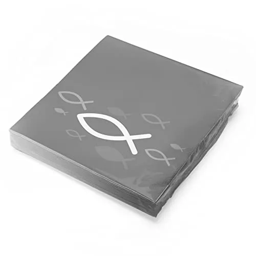 itenga Servietten Papier Fisch 30 x 30 cm 3-lagig 20 Stück für Taufe Kommunion Konfirmation Jungen und Mädchen (grau Fische in weiß)