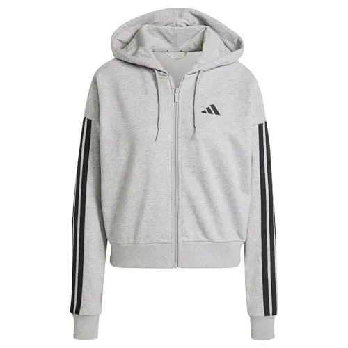 adidas Damen Essentials 3-Stripes French Terry Hoodie - Sweatjacke aus weichem French Terry, mit durchgehendem Reißverschluss und verstellbarer Kapuze, besteht zu 70 % aus recycelten Materialien – ideal für nachhaltige Mode.