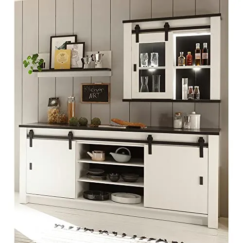 Küchen Set SHELTON-61: Küchenmöbel Regal Spülenschrank Hängeschrank - Einbauküchen mit 3 Teilen, 5 offenen Regalfächern und verstellbaren Einlegeböden. Ideal für den Industrial-Stil, inklusive Scheunentorbeschlägen und ESG-Sicherheitsglas.