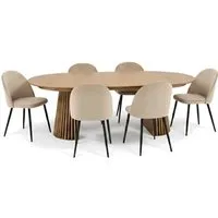 ebuy24 Essgruppe Tokyo – 7-tlg. mit Esstisch und 6 beigen Stühlen - Elegante Essgruppe Tokyo mit Esstisch (ø120-200 cm) und 6 beigen Samtstühlen. Hochwertige MDF-Platte mit Eichenfurnier und bequeme Sitzpolsterung für stilvolle Essmomente.