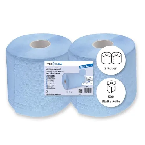Franz Mensch HygoClean Putzpapiere Allfood, 2-lagig, 35cm x 22cm, blau | geprägter Zellstoffmix, 2 Rollen, je 500 Abrisse, saugfähige Reinigungstücher, Wischtücher, lebensmittelecht